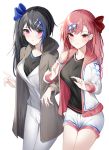  2girls bangs black_hair blush bow braid breasts casual eyebrows_visible_through_hair girls_frontline grey_pants grey_shirt hair_between_eyes hair_bow hair_ornament hair_ribbon hairclip hexagram jacket jericho_(girls_frontline) locked_arms long_hair looking_at_viewer medium_breasts multicolored_hair multiple_girls negev_(girls_frontline) one_side_up pants pink_hair purple_eyes red_bow red_eyes ribbon shirt shorts simple_background smile star_of_david streaked_hair user_pkgd2223 white_background white_jacket white_shorts 