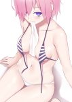  1girl bare_arms bare_shoulders between_breasts bikini blush breasts closed_mouth collarbone colored_eyelashes eyebrows_visible_through_hair fate/grand_order fate_(series) front-tie_bikini front-tie_top hair_over_one_eye highres jilu mash_kyrielight medium_breasts mismatched_bikini mouth_hold naughty_face navel pink_hair purple_eyes short_hair sitting smile solo stomach striped_bikini_top swimsuit thigh_gap untied untied_bikini white_bikini_bottom 