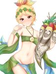  1girl bikini blonde_hair blush bow cornucopia flat_chest food fruit head_wreath highres ponytail purple_eyes shin_megami_tensei smile swimsuit user_tpwm5585 