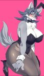  anthro big_breasts black_nose blush breasts bunny_costume canid canine cleavage clothed clothing costume curvy_figure female fox fur grey_body grey_fur hair hi_res kemono looking_at_viewer mammal multicolored_body multicolored_fur pink_background purple_eyes sgsix simple_background sitting solo thick_thighs topknot voluptuous white_body white_fur wide_hips 