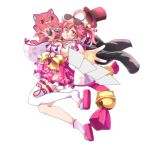 1girl :p ahoge bell breasts card cat cherry_blossoms eyewear_on_head full_body green_eyes hair_bell hair_ornament hairclip hat hat_removed headwear_removed holding hololive kintoki_(miko_channel) leg_garter looking_at_viewer medium_breasts one_side_up pink_cat pink_hair sakura_miko sideboob single_thighhigh sunglasses thighhighs token tongue tongue_out top_hat totsuki_tooka virtual_youtuber white_background white_legwear 