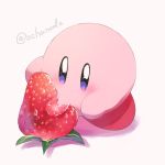  bite_mark blush dot_mouth food fruit highres holding kirby kirby_(series) leaf multicolored multicolored_eyes ochanoda strawberry 