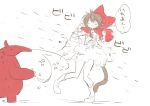  1girl anteater black_hair boots cat_tail highres minya_(nyanko_daisensou) murayamawataru needle nyanko_daisensou red_hood scared skirt tail torn_clothes translation_request twintails white_background 