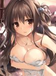  :d areolae bangs blush breasts brown_eyes brown_hair character_request cleavage collarbone copyright_request eyebrows_visible_through_hair hair_ornament highres indoors karory large_breasts long_hair looking_at_viewer naked_towel one_side_up open_mouth sidelocks smile towel wet 