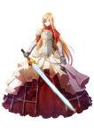  armor blonde_hair chain dress elf eyepiece full_body gauntlets glint holding holding_sword holding_weapon juliet_sleeves lantern long_hair long_sleeves looking_at_viewer original pointy_ears puffy_sleeves red_dress red_eyes shoulder_armor simple_background standing sword very_long_hair weapon white_background xiao_yung_lin 