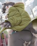  2019 anthro anus belly blush butt canid canine canis clothing eyes_closed hi_res humanoid_hands male mammal nikiciy outside overweight overweight_male pubes solo sweater topwear underwear wolf 