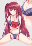  1girl absurdres bangs bare_shoulders blue_bra blue_panties blush bow bra breasts bushinofuji cleavage collarobne commentary_request eyebrows_visible_through_hair frown girls_frontline hair_ornament hair_ribbon highres large_breasts long_hair looking_at_viewer navel one_side_up panties purple_hair red_bow red_eyes red_ribbon restrained ribbon spread_legs underwear wa2000_(girls_frontline) 