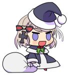  1girl :d azur_lane black_dress black_headwear bow brown_hair chibi christmas commentary cross_hair_ornament dress full_body hair_bow hair_ornament hat highres holding holding_sack lou7e open_mouth padoru purple_eyes sack santa_costume santa_dress santa_hat short_hair smile solo transparent_background z23_(azur_lane) 