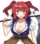  1girl :d bangs blue_vest blush breasts brown_sash cleavage commentary_request e.o. eyebrows_visible_through_hair hair_bobbles hair_ornament hand_up highres holding holding_scythe holding_weapon large_breasts looking_at_viewer obi onozuka_komachi open_mouth over_shoulder red_eyes red_hair sash scythe shirt short_hair simple_background smile solo touhou two_side_up upper_body vest weapon weapon_over_shoulder white_background white_shirt 