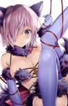  1girl animal_ears bare_shoulders blush breasts cleavage dangerous_beast elbow_gloves fate/grand_order fate_(series) fur-trimmed_gloves fur_collar fur_trim gloves hair_over_one_eye halloween_costume highres hijiri_ruka large_breasts lavender_hair looking_at_viewer mash_kyrielight navel o-ring open_mouth purple_eyes purple_gloves purple_legwear revealing_clothes short_hair simple_background solo tail thighhighs white_background wolf_ears wolf_girl wolf_tail 