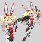  1girl animal_ears assault_rifle blonde_hair blue_eyes breasts bunny_ears bunny_girl bunny_tail bunnysuit commentary_request detached_collar fake_animal_ears gun hairband handgun highres holding holding_weapon katahira_masashi leotard mecha_musume multiple_views original pistol red_leotard rifle small_breasts strapless strapless_leotard tail twintails weapon wrist_cuffs 