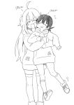  2girls ahoge blush bural_chingu closed_eyes fang greyscale hair_between_eyes height_difference highres hood hoodie hug hug_from_behind last_origin lifting_person long_hair luke_(dydansgur) monochrome multiple_girls original park_noah seong_mi-na_(bural_chingu) short_hair sketch skin_fang smile socks thighhighs two_side_up 