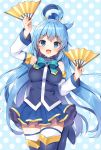  1girl :d aqua_(konosuba) arm_up bangs bare_shoulders black_footwear black_legwear blue_background blue_eyes blue_hair blue_shirt blue_skirt blush boots breasts detached_sleeves eyebrows_visible_through_hair fan folding_fan hair_ornament hair_rings high_heel_boots high_heels holding holding_fan kono_subarashii_sekai_ni_shukufuku_wo! long_hair long_sleeves mauve medium_breasts open_mouth pleated_skirt polka_dot polka_dot_background shirt skirt sleeveless sleeveless_shirt smile solo standing standing_on_one_leg thigh_boots thighhighs v-shaped_eyebrows very_long_hair white_sleeves 