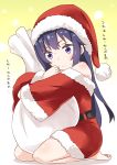  1girl absurdres akatsuki_(kantai_collection) alternate_costume artist_name bare_legs bare_shoulders barefoot christmas fur_trim gradient gradient_background hair_between_eyes hat highres kantai_collection long_hair pom_pom_(clothes) purple_eyes purple_hair ryuki_(ryukisukune) sack santa_costume santa_hat shadow solo translation_request 