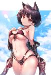  1girl :3 absurdres alswp5806 animal_ear_fluff animal_ears azur_lane bare_shoulders bikini black_bikini black_hair black_jacket breasts cameltoe cat_ears cowboy_shot fox_mask front-tie_bikini front-tie_top halter_top halterneck highres holding jacket looking_at_viewer mask mask_on_head medium_breasts multi-strapped_bikini navel off_shoulder red_eyes short_hair skindentation smile solo stomach swimsuit thighs yamashiro_(azur_lane) 