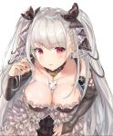  1girl azur_lane bangs bare_shoulders between_breasts black_dress black_nails blush breasts cleavage commentary_request dress earrings eyebrows_visible_through_hair formidable_(azur_lane) frilled_dress frills grey_background grey_hair hair_ribbon highres jewelry large_breasts leaning_forward long_hair long_sleeves looking_at_viewer ni_mochi open_mouth red_eyes revision ribbon solo twintails two-tone_dress very_long_hair white_background 