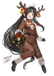  1girl bell belt black_hair blush bow breasts brown_eyes christmas deer_costume eyebrows_visible_through_hair full_body fur-trimmed_sleeves fur_trim hat horns jingle_bell kantai_collection long_hair long_sleeves looking_at_viewer low-tied_long_hair medium_breasts merry_christmas open_mouth red_bow santa_hat shouhou_(kantai_collection) smile solo toka_(marchlizard) 