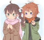  2girls bangs black_sweater blush brown_coat brown_hair closed_mouth coat commentary_request eyebrows_visible_through_hair fringe_trim fur-trimmed_jacket fur_trim green_eyes green_jacket hair_between_eyes hair_ornament hair_ribbon hands_together hands_up jacket koshigaya_natsumi long_hair long_sleeves multiple_girls niizato_aoi non_non_biyori open_clothes open_jacket orange_scarf own_hands_together pink_scarf ponytail ribbon scarf shika_(s1ka) side_ponytail sleeves_past_wrists smile sweater upper_body v-shaped_eyebrows white_ribbon 