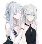  2girls ak-12_(girls_frontline) alternate_costume an-94_(girls_frontline) black_dress blush breasts cleavage dress eyebrows_visible_through_hair eyes_visible_through_hair girls_frontline highres multiple_girls silver_hair smile suprii white_background 