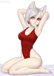  absurd_res animal_humanoid breasts cat_humanoid clothing feet felid felid_humanoid feline feline_humanoid female hair hands_behind_head hi_res humanoid mammal mammal_humanoid pewas red_clothing red_eyes red_swimwear smile solo swimwear white_hair 