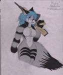  2019 absurd_res anthro black_body black_fur blue_hair breasts canid canine charles_bill_tremper claws digital_media_(artwork) dog_tags eyelashes female fox fur grey_body grey_fox grey_fur gun hair hi_res kyla_gray mammal nude purple_eyes ranged_weapon sketch solo traditional_media_(artwork) urocyon weapon white_body white_fur 