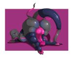  2019 3_toes 5:4 anthro armwear ass_up balls big_butt border butt clothing crossgender digital_media_(artwork) girly hi_res huge_butt humanoid_penis legwear looking_at_viewer male nintendo penis pok&eacute;mon pok&eacute;mon_(species) presenting presenting_hindquarters reptile salazzle scalie shadow signature simple_background solo suirano thick_thighs toes video_games white_border wide_hips 
