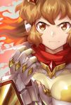  1girl brown_eyes brown_hair gloves glowing glowing_hair hair_ornament hairclip murakami_hisashi portrait scarf senki_zesshou_symphogear smile tachibana_hibiki_(symphogear) x-drive_(symphogear) 