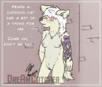  2019 alley anthro breasts canid canine dialogue dreamcatcher_(artist) fangette female fennec fox freckles hair jewelry leaning looking_at_viewer mammal necklace nude piercing pussy red_eyes solo tattoo white_hair 
