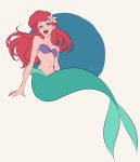  1girl ariel_(disney) arm_support arms_at_sides bikini bikini_top blue_background blue_eyes breasts circle collarbone disney eyelashes floating_hair flower full_body grey_background hair_flower hair_ornament highres light_smile long_hair looking_up medium_breasts mermaid midriff monster_girl navel open_mouth purple_bikini red_hair red_lips shell shell_bikini signature simple_background solo swimsuit teeth the_little_mermaid tongue two-tone_background u-min white_flower 