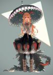  1girl atory_totory black_dress black_legwear blonde_hair boots brown_footwear cross dress fang frilled_dress frilled_umbrella frills granblue_fantasy head_wings highres holding holding_umbrella long_hair open_mouth pointy_ears red_eyes smile solo standing star tail umbrella vampy 