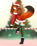  2019 4_toes absurd_res anthro bare_shoulders black_body black_fur blue_eyes brown_hair butt_pose canid canine christmas christmas_tree claws clothing digitigrade female fox fur hair hat headgear headwear hi_res holidays keidran laura_(twokinds) legwear long_hair looking_at_viewer mammal pawpads paws pink_pawpads pose red_body red_fur ruth66 santa_hat smile solo stockings toe_claws toes tree twokinds webcomic white_body white_fur 