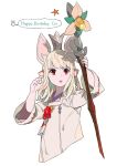  animal_ears atory_totory blonde_hair fake_animal_ears final_fantasy final_fantasy_xiv flower highres holding holding_staff long_hair open_mouth pointy_ears red_eyes red_flower simple_background staff star upper_body upper_teeth white_background white_mage 