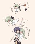  2girls :d ^_^ aimai_(luckyfive) anchovy apron arms_up bangs barefoot beige_background black_apron black_hair black_ribbon braid brown_eyes brown_pants carrying chibi closed_eyes commentary couple dress_shirt drill_hair drunk girls_und_panzer green_hair green_shirt hair_ribbon half-closed_eyes long_hair long_sleeves looking_at_another lying multiple_girls no_pants office_lady older on_stomach open_mouth panties pants pepperoni_(girls_und_panzer) princess_carry red_eyes ribbon saliva shirt short_hair short_sleeves side_braid skirt skirt_removed sleeping smile standing throwing translated turtleneck twin_drills twintails underwear white_panties white_shirt yuri zzz 