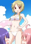  3girls ahoge bikini bikini_top blonde_hair blush breasts cleavage commentary_request cowboy_shot embarrassed eyebrows_visible_through_hair hands_on_hips highres hinata_yukari ichii_yui innertube long_hair low_twintails multiple_girls navel nonohara_yuzuko open_mouth pink_hair purple_hair short_hair sky swimsuit twintails usagi_koushaku white_bikini white_bikini_top yellow_eyes yuyushiki 