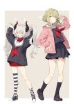  2girls :3 bangs black_footwear black_serafuku black_shirt black_skirt blonde_hair blush bunching_hair converse demon_girl demon_horns emma_august full_body green_eyes green_hair hand_over_eye highres horns long_hair long_sleeves looking_at_another loose_thighhigh morinaka_kazaki multiple_girls neckerchief nijisanji one_eye_closed pink_cardigan pleated_skirt pointy_ears red_neckwear red_sweater sailor_collar school_uniform serafuku sh_(562835932) shirt short_hair short_hair_with_long_locks sidelocks skirt striped striped_legwear sweater thighhighs virtual_youtuber white_eyes white_sailor_collar 