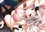  1girl absurdres bangs black_legwear blurry blurry_background blush bra breasts brown_eyes cat cellphone cleavage closed_mouth grey_hair hair_ornament hairclip hands_up highres hiragi_ringo long_hair looking_at_viewer lying maid maid_headdress medium_breasts on_back on_bed one_side_up original parted_bangs phone pink_bra sidelocks smartphone smile solo thighhighs thighs underwear wrist_cuffs 