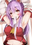  1girl absurdres animal_ears arm_behind_head armpits arms_up bahamun bare_shoulders blush breasts bunny_ears bunny_girl commentary_request cosplay detached_sleeves hair_between_eyes hakurei_reimu hakurei_reimu_(cosplay) highres huge_filesize japanese_clothes long_hair looking_at_viewer medium_breasts midriff miko mouth_hold navel nontraditional_miko purple_hair red_eyes red_shirt reisen_udongein_inaba sarashi shirt sleeveless sleeveless_shirt smile solo touhou 