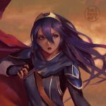  1girl armor artist_logo baimon bangs blue_eyes blue_gloves blue_hair brown_background cape fingerless_gloves fire_emblem fire_emblem_awakening gloves gold_trim long_hair long_sleeves looking_to_the_side lucina_(fire_emblem) open_mouth red_cape shiny shiny_hair shoulder_armor sidelocks simple_background solo tiara upper_body 