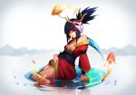  1girl akali antlers arm_support artist_name bangs blood_moon_akali blunt_bangs blurry blurry_background blurry_foreground breasts choker cleavage depth_of_field english_commentary face_mask fake_antlers highres holding holding_weapon japanese_clothes kama_(weapon) kimono koi kuno_(runkunochan) league_of_legends leaning_back lips looking_at_viewer mask medium_breasts ninja_mask obi orange_eyes partially_submerged red_kimono red_lips sash sickle sidelocks sitting sitting_on_water solo water weapon wide_ponytail wide_sleeves 