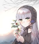  1girl alternate_costume black_hairband black_sweater blush day facepaint girls_frontline green_eyes hairband highres hk416_(girls_frontline) holding_mistletoe iron_cross jewelry lolita_hairband long_hair looking_at_viewer outdoors ring silver_hair smile solo striped sweater teardrop tree upper_body user_uyfr2275 vertical_stripes winter winter_clothes 