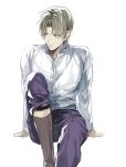  1boy arm_support bangs black_legwear blue_eyes blue_pants brown_hair buttons closed_mouth collar collared_shirt heshikiri_hasebe kasa77322 long_sleeves looking_to_the_side male_focus open_clothes open_shirt pants parted_bangs shirt short_hair simple_background sitting solo touken_ranbu white_background white_shirt 