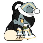  1girl black_hair chibi commentary dress elizabeth_o&#039;rear english_commentary fate/extra fate_(series) grin hair_over_one_eye hat highres holding holding_sack holly long_hair meme metal_skin neon_trim padoru sack santa_hat seth_(street_fighter) smile solo street_fighter street_fighter_v yellow_eyes 