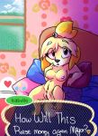  &lt;3 2014 animal_crossing anthro bed breasts canid canine canis domestic_dog english_text female furniture inside isabelle_(animal_crossing) mammal nintendo nipples nude pillow plump_labia pussy razinoats shih_tzu solo text toy_dog video_games 