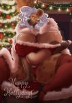  2019 5_fingers anthro areola belly big_breasts breasts christmas christmas_tree clothed clothing ear_piercing ear_ring english_text eyewear ezukapizumu female fingers fireplace footwear glasses hair hair_over_eye holidays huge_breasts hyaenid legwear looking_at_viewer mammal nipple_slip nipples one_eye_obstructed overweight overweight_female piercing silver_(ezukapizumu) silver_hair solo spotted_hyena text thick_thighs tree underwear 