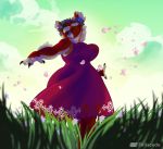  anthro blue_nose blue_tongue breasts claws clothing cloud dress eyes_closed fangs feliscede female flower fur grass mammal plant red_body red_fur sky smile solo tongue ursid 