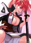  1girl akisa_(12023648) baiken breasts cleavage eyepatch guilty_gear japanese_clothes kimono large_breasts long_hair pink_eyes pink_hair ponytail sash sheath sheathed sitting smile solo sword twitter_username weapon 