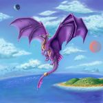  1:1 2019 absurd_res claws day detailed_background digital_media_(artwork) dragon flying green_eyes hi_res horn membrane_(anatomy) membranous_wings outside planet purple_body purple_scales scales scalie sky spines texaal western_dragon wings 