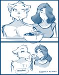  2019 annoyed anthro blush bowl canid canine canis chest_tuft clothed clothing conditional_dnp dialogue disappointed duo eating english_text female food hi_res human keidran male mammal maren_taverndatter monochrome pasta scissors simple_background sketch smile smirk smug spaghetti sythe_(twokinds) text tom_fischbach topless tuft twokinds unamused webcomic white_background wolf 