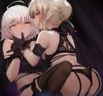  2girls akieda arm_garter artoria_pendragon_(all) ass back bangs bare_shoulders black_bra black_gloves black_legwear black_panties black_ribbon blush bra breasts closed_mouth fate/grand_order fate/stay_night fate_(series) finger_in_mouth frilled_bra frills garter_belt garter_straps gloves hair_ribbon highres jeanne_d&#039;arc_(alter)_(fate) jeanne_d&#039;arc_(fate)_(all) large_breasts long_hair looking_at_viewer looking_back multiple_girls one_eye_closed pale_skin panties ribbon saber_alter short_hair silver_hair thighhighs thighs underwear yellow_eyes 