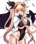  1girl :d angel angel_wings bangs black_gloves black_legwear black_leotard black_wings blonde_hair blush breasts commentary_request elbow_gloves eyebrows_visible_through_hair fallen_angel feathers frills gloves glowing hair_ribbon horns large_breasts leotard long_hair looking_at_viewer mole mole_on_breast open_mouth original red_eyes ribbon shrug_(clothing) simple_background smile solo thigh_strap thighhighs thighs twintails untsue very_long_hair white_background white_ribbon wings 